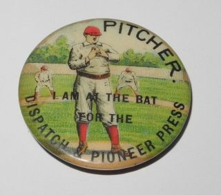 1896 Pd1 Baseball Player Pitcher Position Dispatch Pioneer Press Advertising Pin