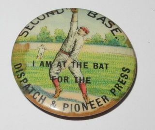 1896 Pd1 Baseball Player 2b Position Dispatch Pioneer Press Advertising Coin Pin