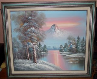 Vtg G Whitman Winter Sunset Landscape Mountain Lake Framed Oil Painting Wall Art