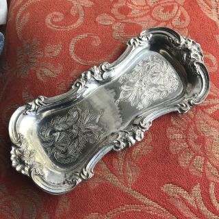Old Antique Silver Plated Hand Engraved Rococo Elegant Bon Bon Tray Dish Fine