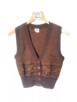 Vintage Xs Orange Brown Pattern Sleeveless Knit Waistcoat Cardigan Sweater Vest