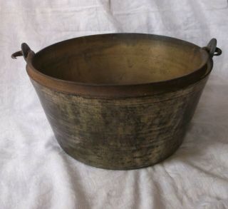 Very Heavy Antique Brass Jam Pan With Swing Handle - Logs Or Garden Planter