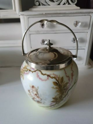 Antique Painted Glass Biscuit Barrel With Siver Plated Lid And Handle