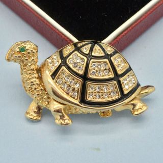 Vintage Tortoise Brooch 1980s Black Enamel & Crystal Goldtone Bridal Jewellery