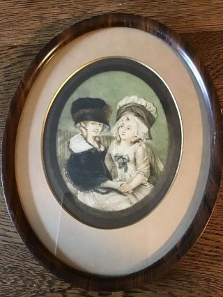 Antique Framed Charming Print Of Two Girls With Unusual Hats