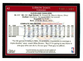 2009 - 10 TOPPS 42 LEBRON JAMES CAVALIERS GOLD PARALLEL 0401/2009 LAST TOPPS 2