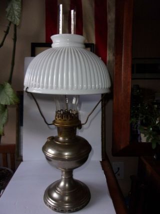 Aladdin 11 Kerosene Oil Table Lamp With Milk Glass Shade And Chimney