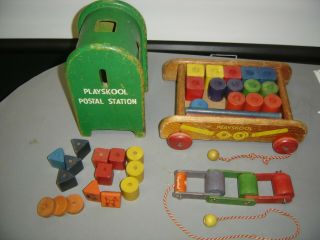 Vintage Playskool Wooden Wagon Pull Toy With Wood Blocks Shapes & Postal Box