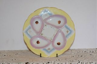 Antique German Porcelain Oyster Plate 4 Wells Ladies On Napkin Yellow Border Can