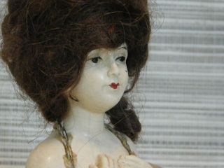 Antique Painted Composite Boudoir Pin Cushion Half Doll Human Hair Pinned Wig