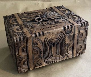 Antique Swiss Black Forest Carved Wooden Jewellery Box “geneve” C1910