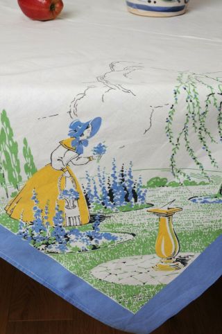 Vintage Printed Crinoline Lady Table Cloth Table Irish Linen Blue Floral English