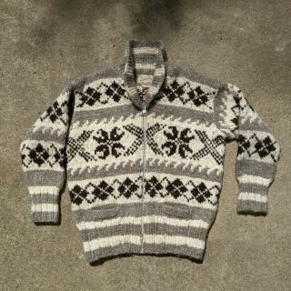 Vintage 60s 100 Cowichan Indian Wool Cardigan Sweater Hand Spun Hand Knit Med