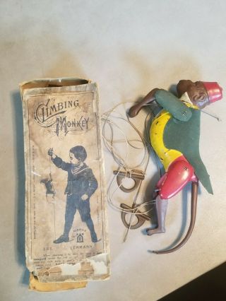 Antique Tin Toy Climbing Monkey Germany Marke Lehmann Box 1903