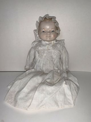 Vintage Antique Look Porcelain Baby Doll In White Gown With Bonnet