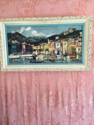 Vintage 1960’s Signed Oil Painting French Italian Harbor Sailboats Ornate Frame