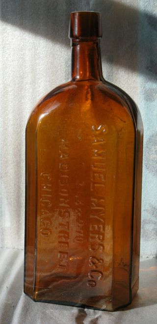 Antique Quart Whiskey Bottle Samuel Myers & Co Madison St Chicago Amber