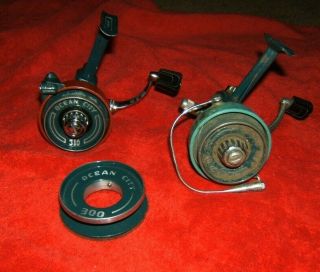 2 Vintage Ocean City 310 Spin Cast Fishing Reels,  300 Spool Bailless Very Rare