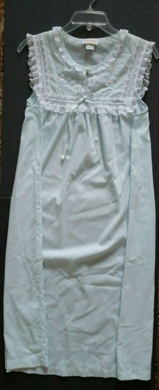 Vintage Barbizon Pale Blue Lace Trim Sleeveless Nightgown Size M Embroidery A4d