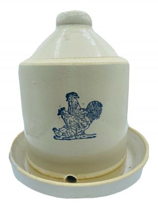 Set Of 2 Vintage Stoneware Chicken Feeder Waterer With Dish Mccoy? Blue Stamp