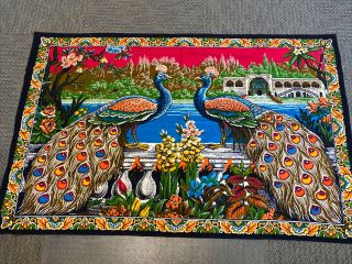 Vintage Fabric Wall Hanging Peacock Garden 100 Cotton Made In Turkey 60 " X 39 "