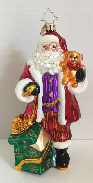 Vintage Christopher Radko Santa Glass Christmas Ornament W/ Teddy Bear & Gift