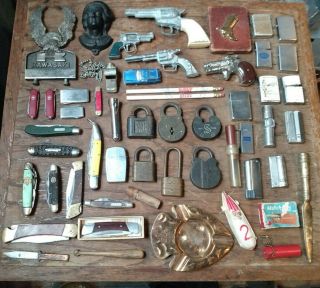 Vintage Large Junk Drawer Items Antique Steampunk Locks Knives Lighters Ect