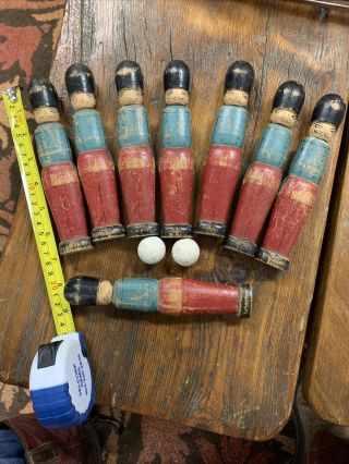 8 Antique Vintage Wooden Soldier Ten Pin Skittles Bowling Game Toy Clay Marbles