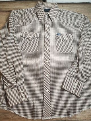 Vintage Made In Usa Wrangler Brown Gingham Pearl Snap Button Up Shirt Size L