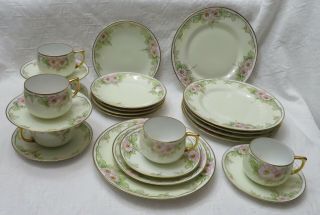 Antique 24 Pc Luncheon Tea Set Hand Paint Pink Cherry Blossoms On Yellow Wash