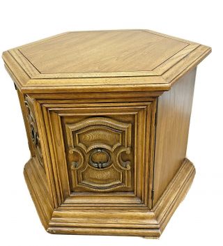 Vintage Mid Century Modern Wood Hexagon End Side Table With Decorative Storage