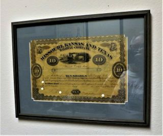 Antique Missouri,  Kansas & Texas Rr Stock Certificate - Framed