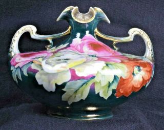 Antique Nippon Hand - Painted Pink Rose / Green Gold Trim 2 Handled Vase 6 " H X 8 " D