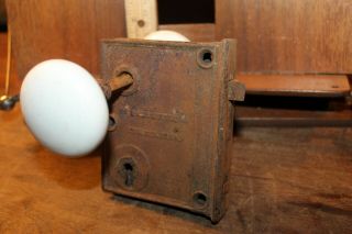 Antique 1864 Civil War Era Mortise Door Lock Porcelain Knobs D.  M.  & Co