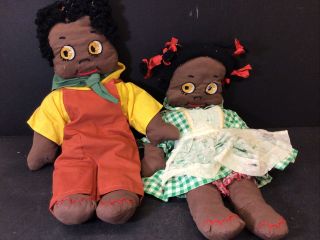 Pair Antique Cloth Hand Made Rag Doll Black African - American