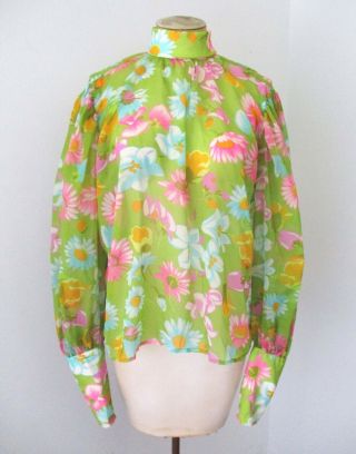 Vtg 60s 70s Mod Sheer Chiffon Pink Green Flower Power Blouse 6 - Button Cuffs L/xl