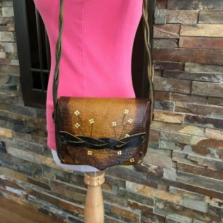 Vintage Floral Brown Leather Tooled Hippie 70’s Mexican Shoulder Bag Purse Vgc