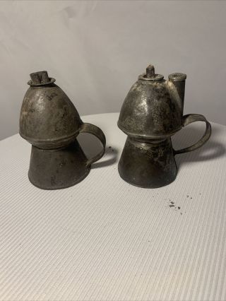 2 Rare Antique Tin 1800’s Whale Oil / Lard Lamps
