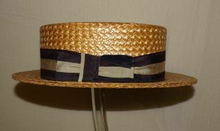Mens Vtg Antique 20s 30s Wide Brim Straw Boater Skimmer Barbershop Hat 7 3/8