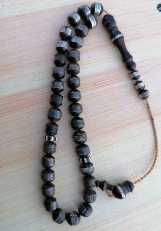 Antique Black Coral Yusr 33 Prayer Beads Muslim Islamic Rosary Silver Rare Subha