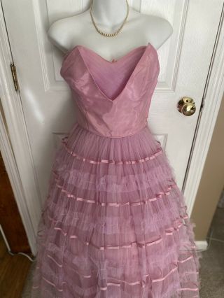 Vtg 50s Strapless Pink Tiered Tulle Party Prom Tea Length Cupcake Dress