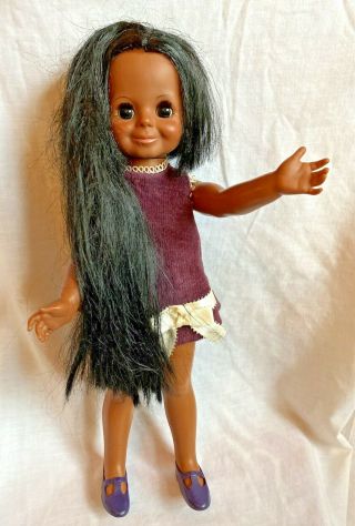Vintage Ideal African American Black Velvet Grow Hair Doll 1970 Outfit & Shoes