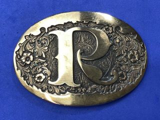 Vintage Western Letter Initial R Flower Swirl Belt Buckle Award Design Metals