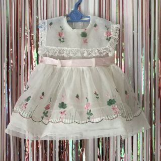 Vintage 1950s Girls White Pink Frilly Floral Embroidered Poofy Dress Bib - 12m
