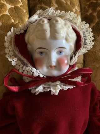 Antique German Porcelain China Doll W Red Dress 24 " Blonde Molded Hair Marked 7