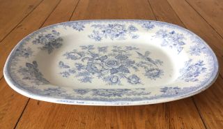 Antique Asiatic Pheasants Ceramic Serving Platter Flow Blue Floral (14 1/2 ")