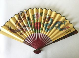 Paper & Wood Folding Hand Fan Dragon And Phoenix 10 3/4 " X20 " Japan