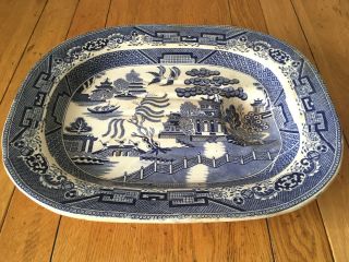 Antique Old Willow Pattern Large Meat Serving Platter Flow Blue (17 1/4 ")
