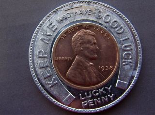 Encased 1938 - P Lincoln Cent Lucky Coin Thornton & Minor Clinic,  Kansas City Mo.
