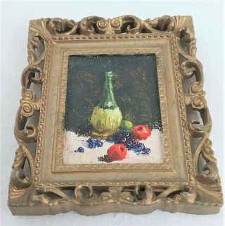 Vtg 1967 Oil Painting Dollhouse Miniature Framed Wall Hanging Wine And Grapes